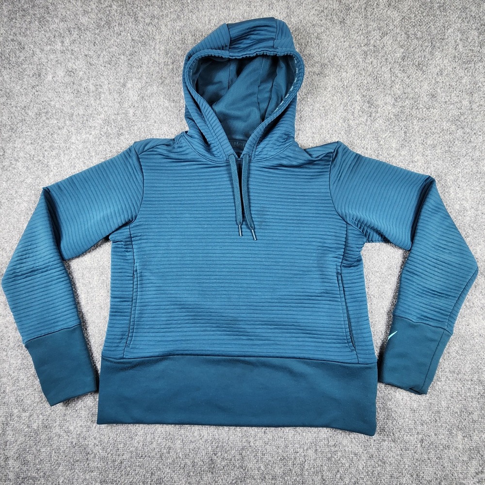 Nike Dri-FIT Women Ribbed Pullover‎ Hoodie Teal Blue Training Sweatshirt Small